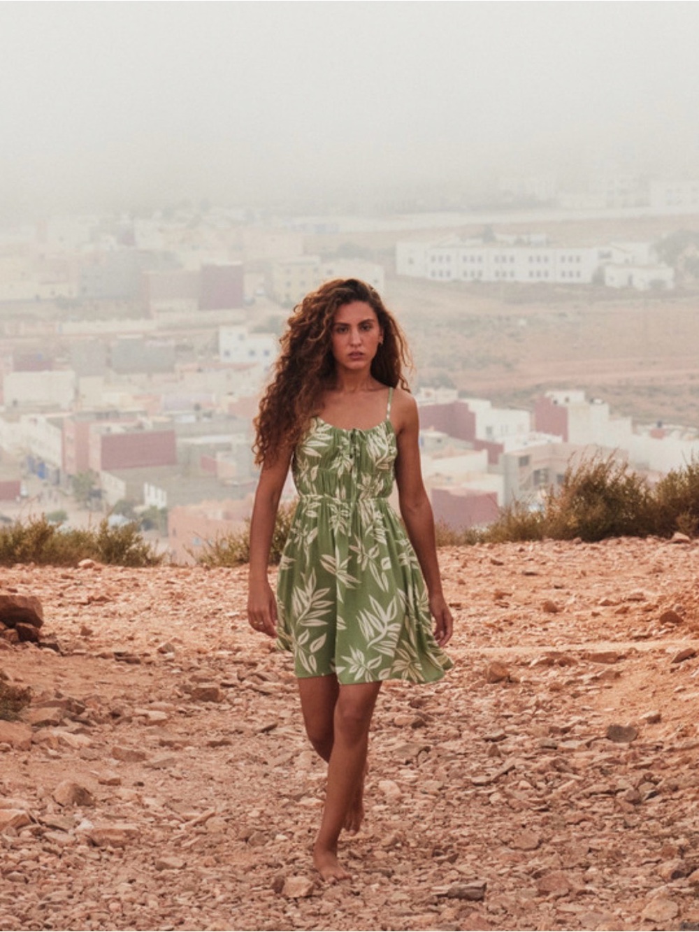 Roxy Olive Green Tropical-Leaf Spaghetti Strap Mini Dress